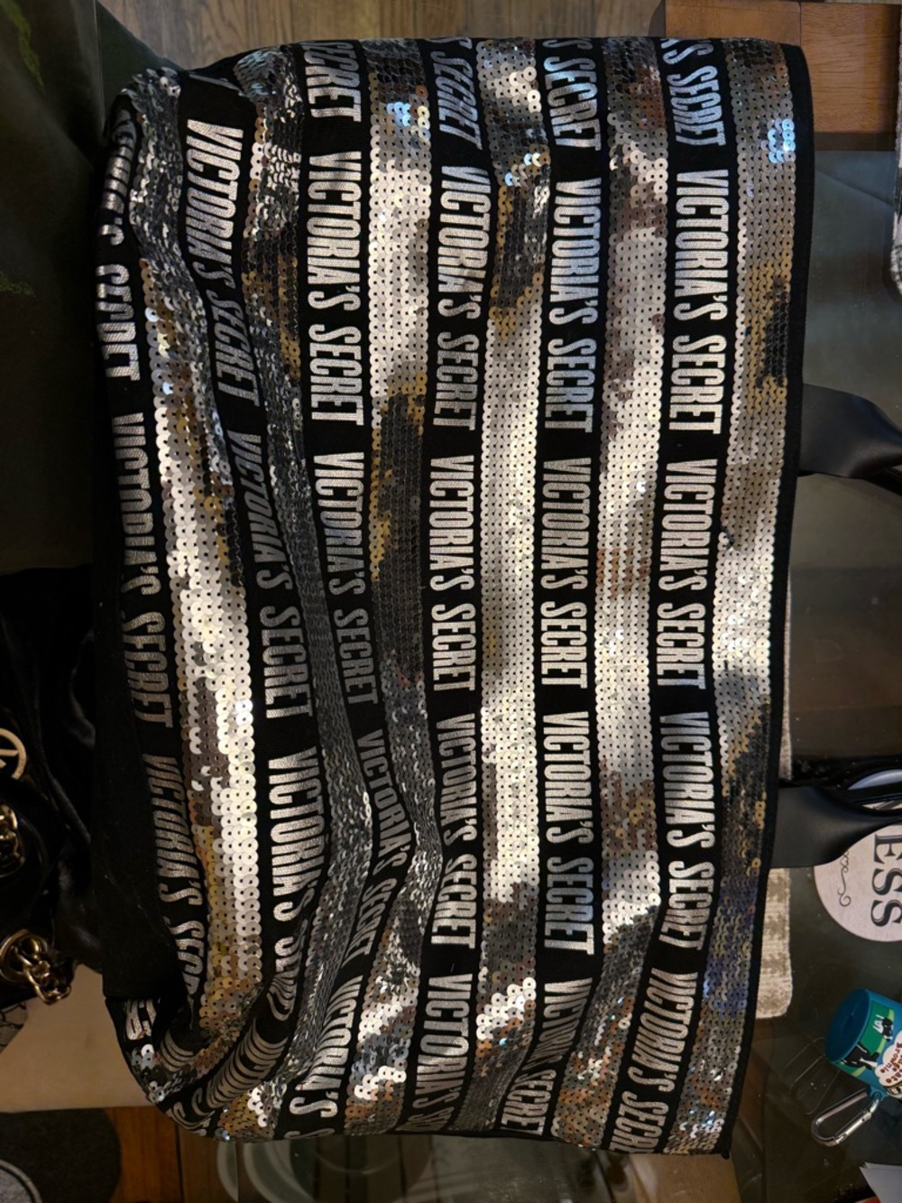 Victoria's Secret Black and Silver Sequin Logo Weekender Travel Glam Tote